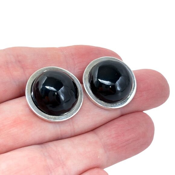 Vintage Mexico Sterling Silver 925 Onyx Dome Earrings - Picture 1 of 7